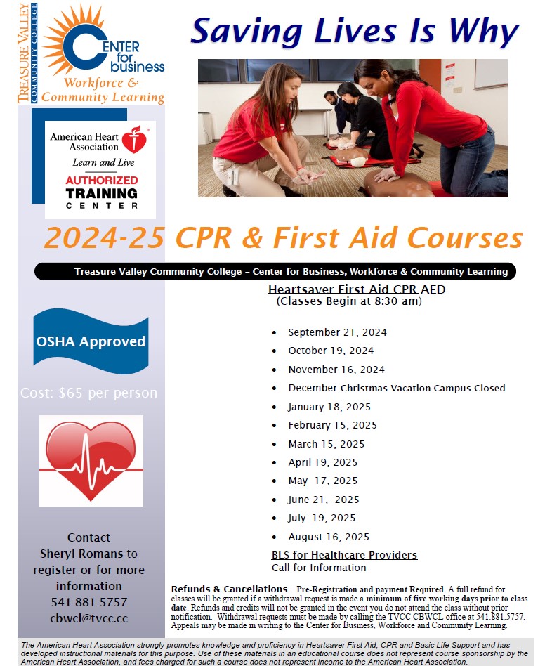 image of the list of 2024-2025 cpr and first aid classes at tvcc